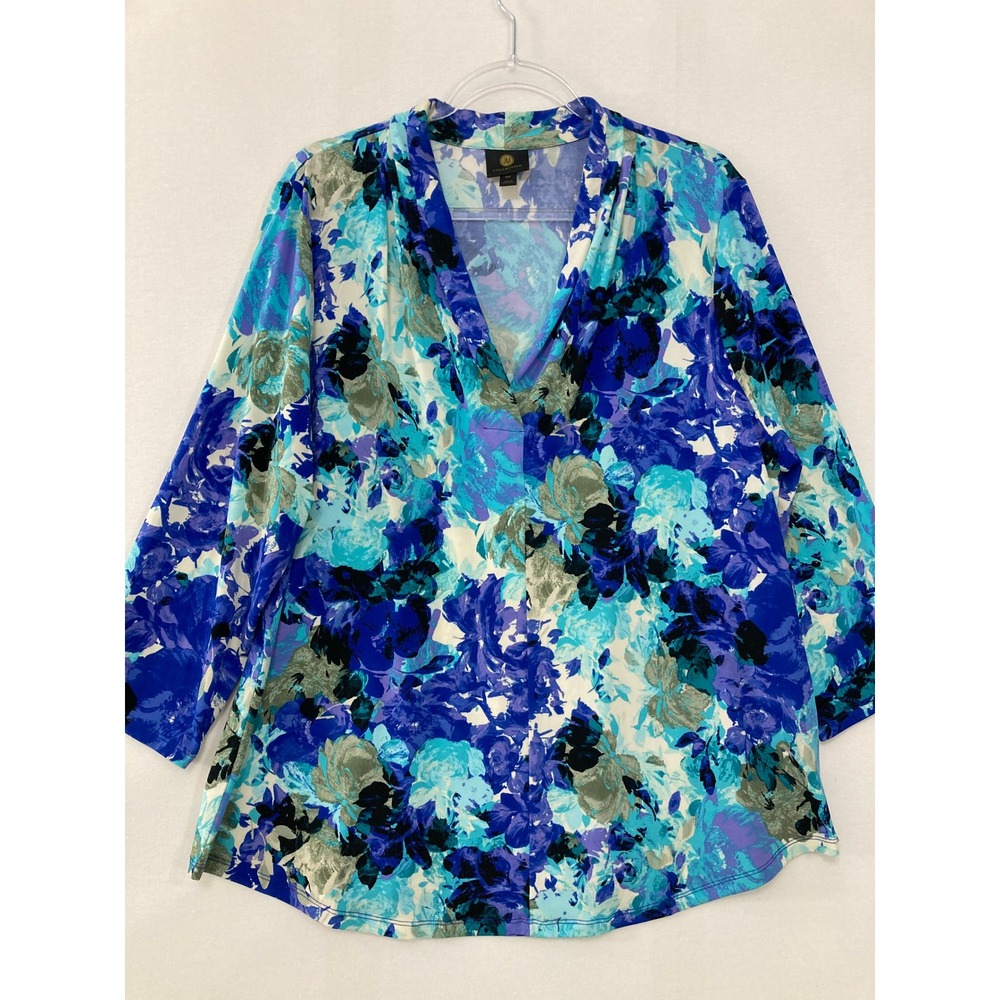 JM Collection V-Neck Blouse XXL Blue‎ Floral 3/4 Sleeve Stretch Knit Office